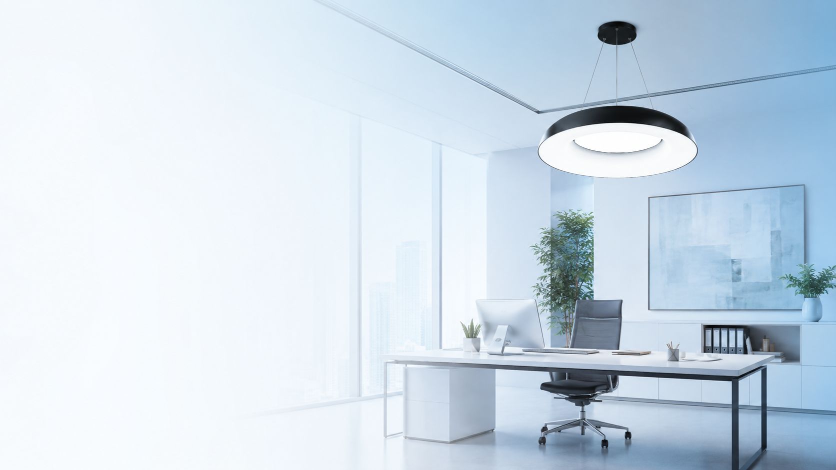 Modern office interior with premium LED pendant lighting